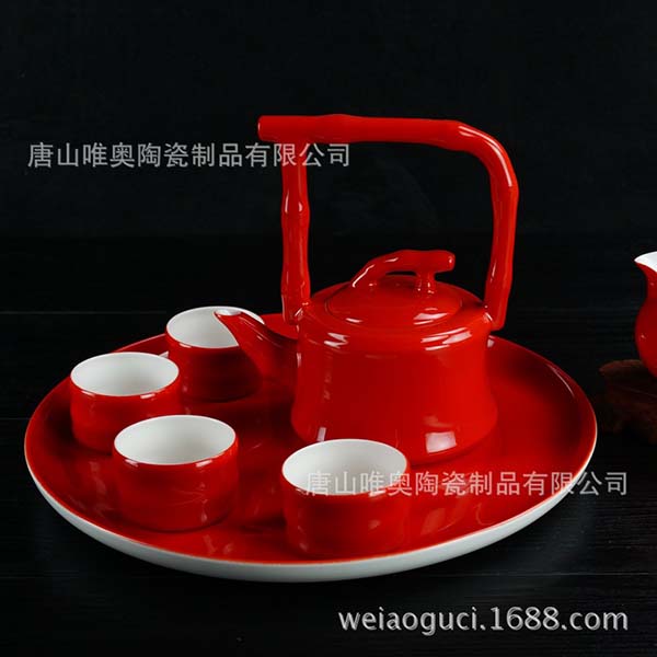 骨质瓷红釉茶具套装 礼品茶壶茶杯 加彩釉金边logo